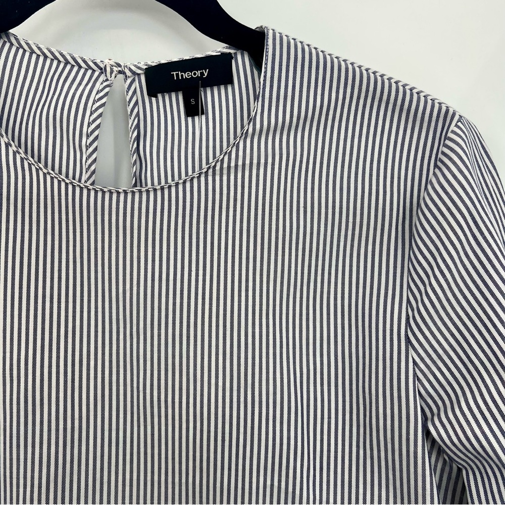 Theory Lexanda Cotton Striped Peplum Top Long Sleeve Ruffle Shirt Blouse Small - Picture 9 of 13